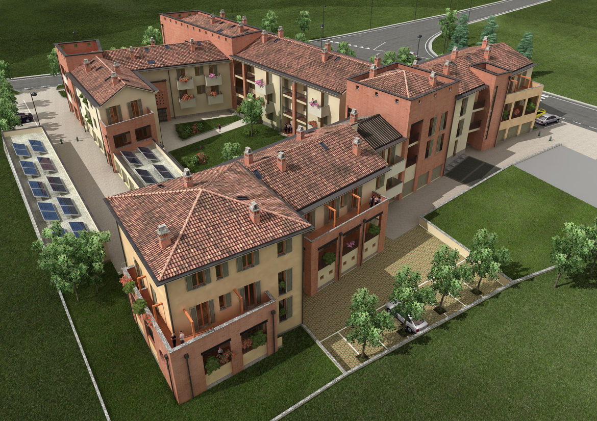Rendering 3D vista aerea di palazzina residenziale a corte con tetti in coppi - UtopiX Milano