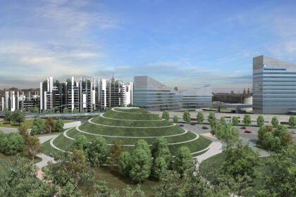 Residenze Parco Vittoria Rendering 3D di parco urbano con anfiteatro circolare ed edifici direzionali - UtopiX Milano
