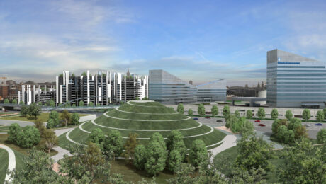 Rendering 3D di parco urbano con anfiteatro circolare ed edifici direzionali - UtopiX Milano