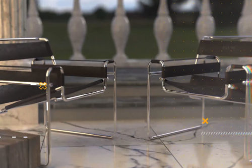 Render 3D di sedie in acciaio cromato su pavimento in marmo, demo reel UtopiX 2019