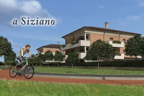 Render architettonico di una residenza a Siziano con ciclista in primo piano