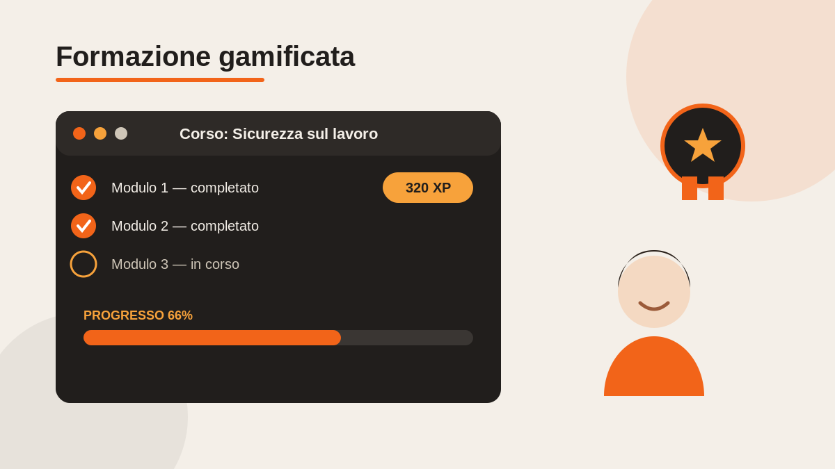 Schermata di formazione aziendale gamificata con moduli completati, punti XP e barra di progresso