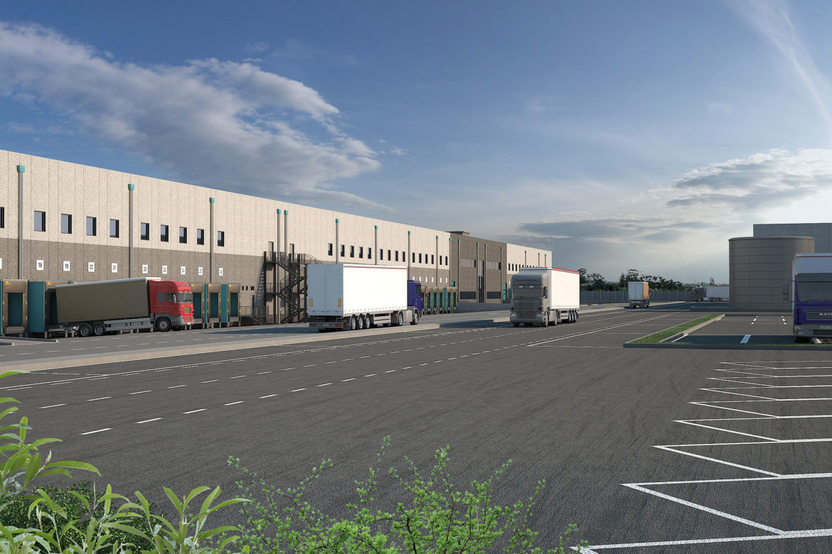 Centro logistico con piazzale e baie di carico ripreso dall’alto