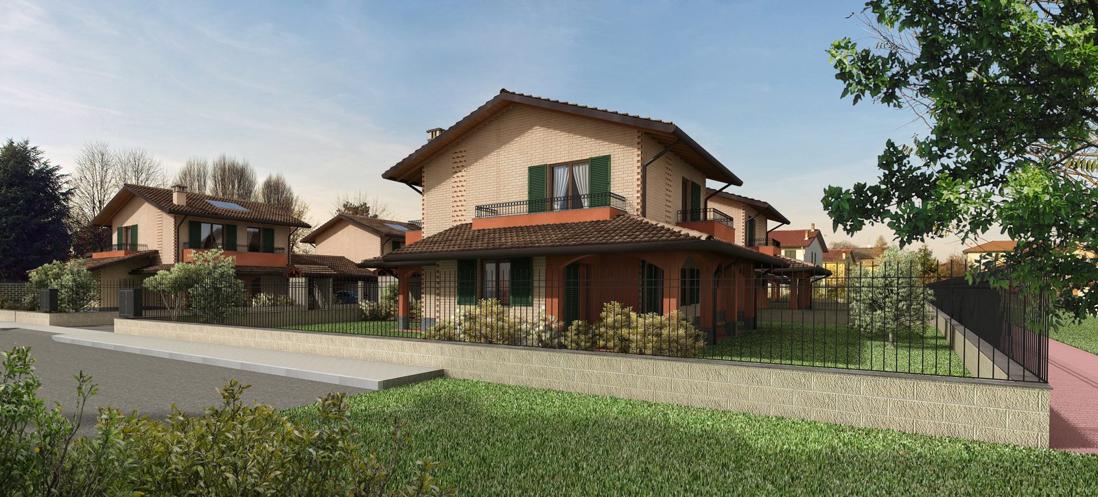 Render di un edificio con verde e spazi aperti progettati insieme all'architettura Render di edificio residenziale con verde integrato nel progetto sostenibile