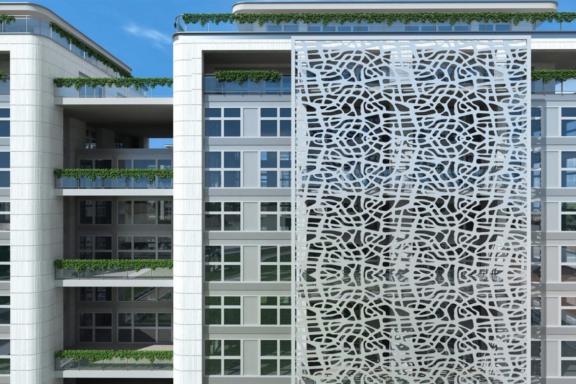 Render di facciata con schermatura solare e verde pensile Render di facciata con schermature e terrazze verdi di un edificio sostenibile